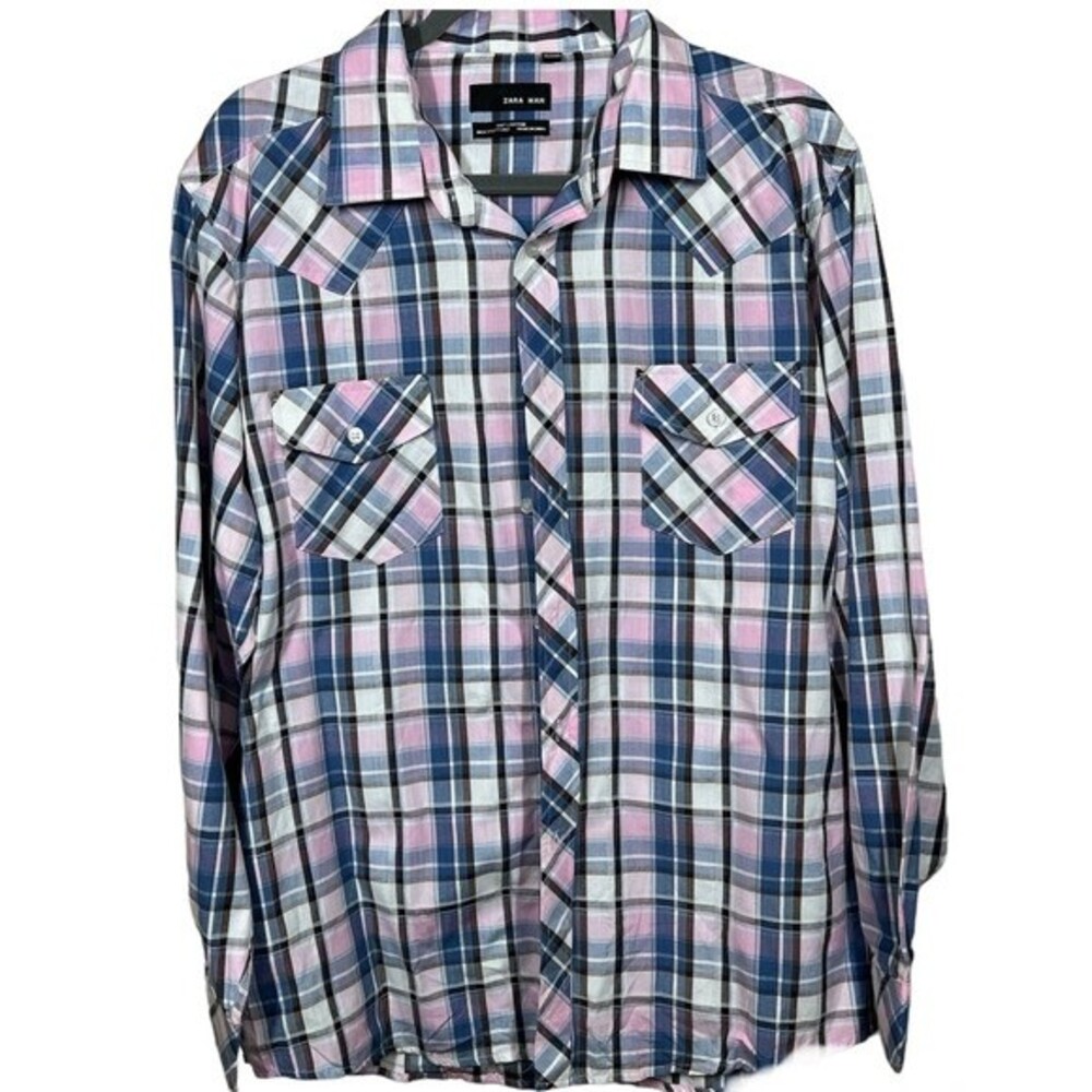 Zara Man Pink Shirt Blue and Pink plaid long sleeve collar shirt size L